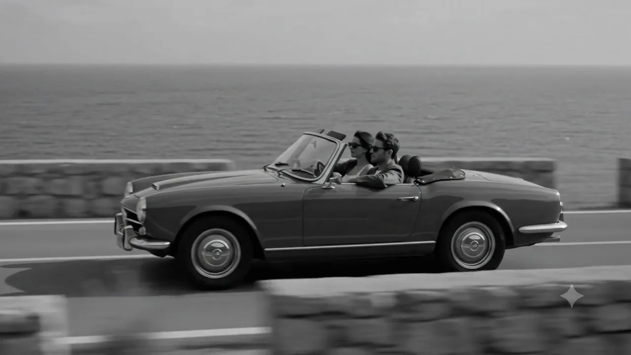 Vintage convertible driving beside the sea