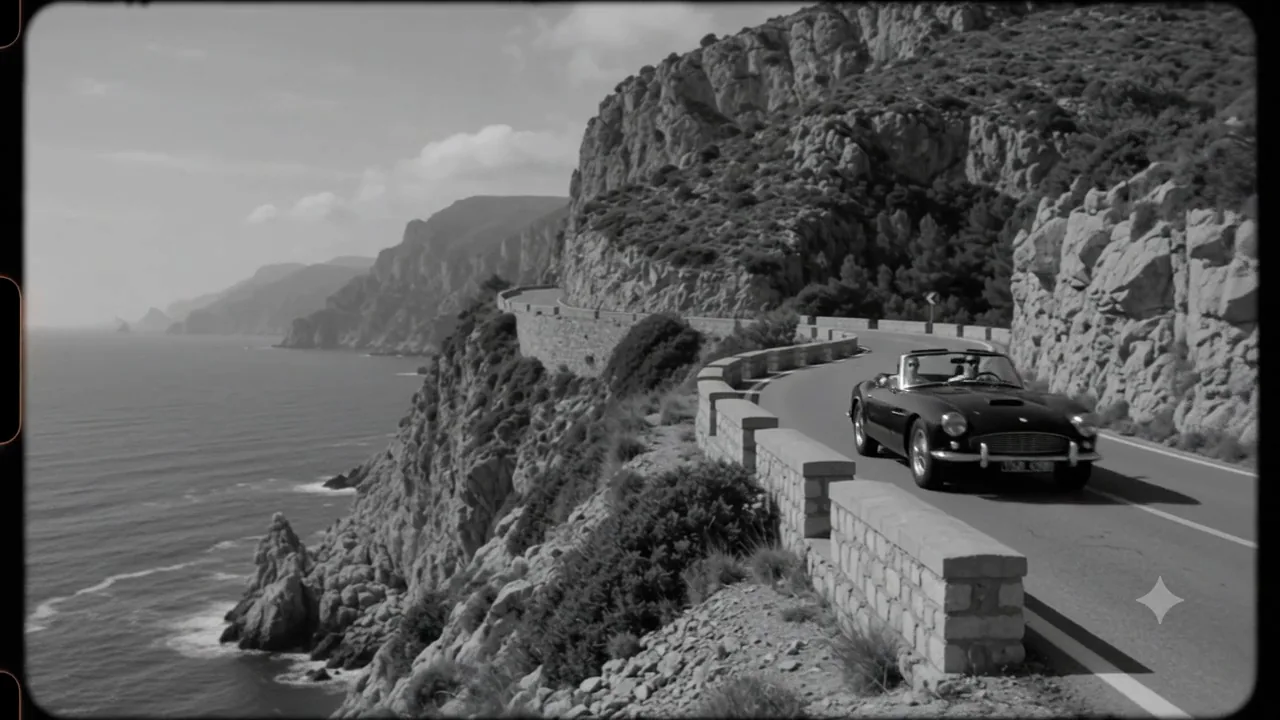 A vintage car driving along a cliffside coastal road
