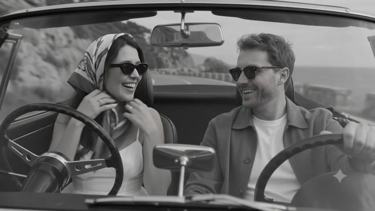 Raquel and Tyler in a vintage convertible