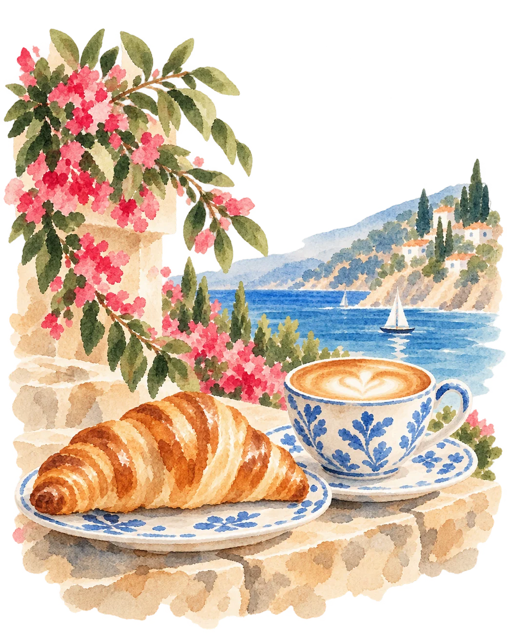 WATERCOLOR CROISSANT AND COFFEE BESIDE THE SEA