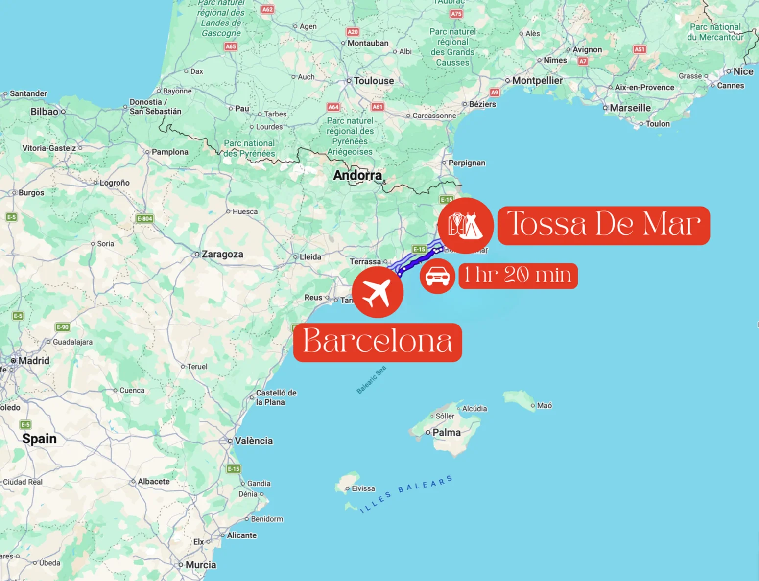 MAP OF THE BARCELONA TO TOSSA DE MAR ROUTE
