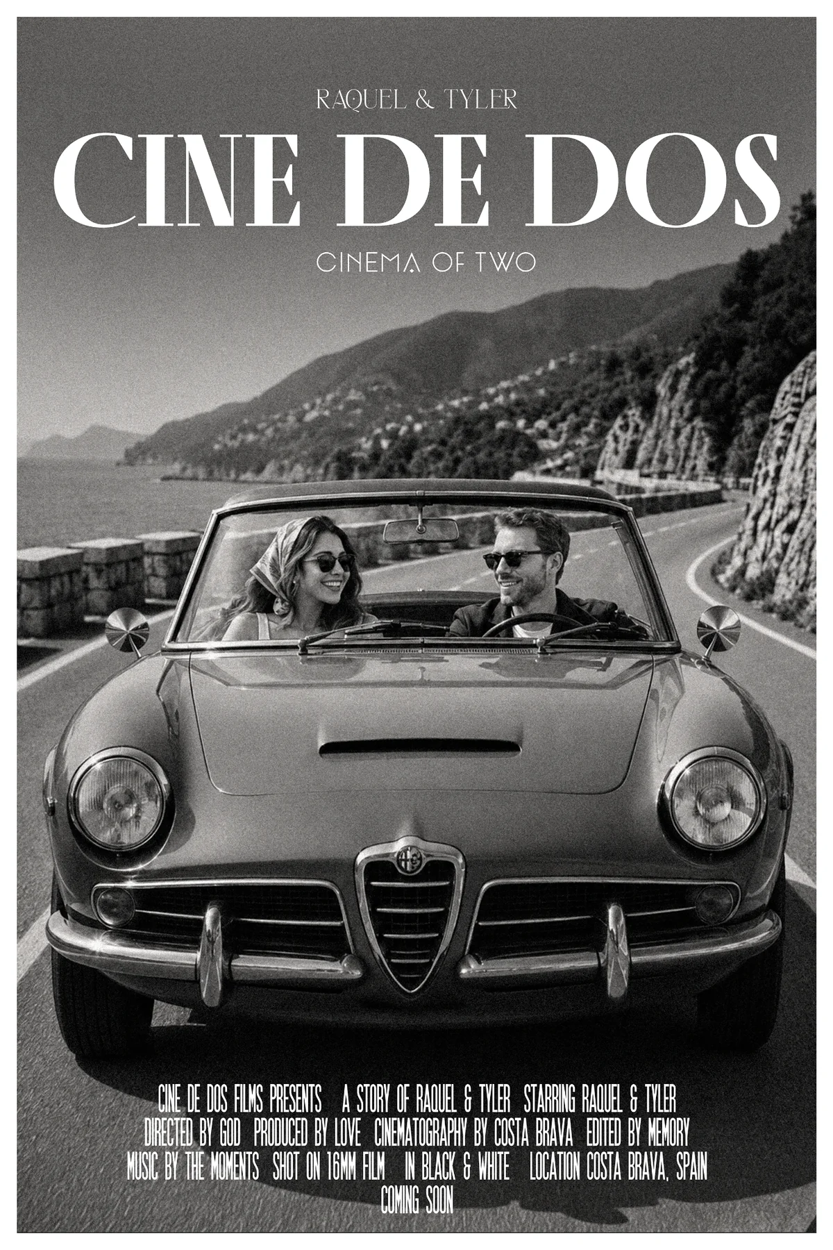 Cine de Dos black and white movie poster for Raquel and Tyler