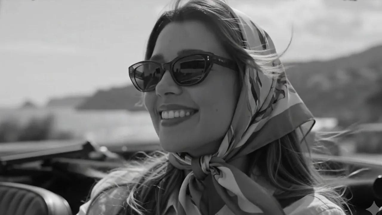 Raquel smiling in a scarf and sunglasses in a convertible